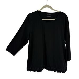 Talbots Tee XL Lace Hem Solid Black Cotton 3/4 Sleeve Round neck Pullover